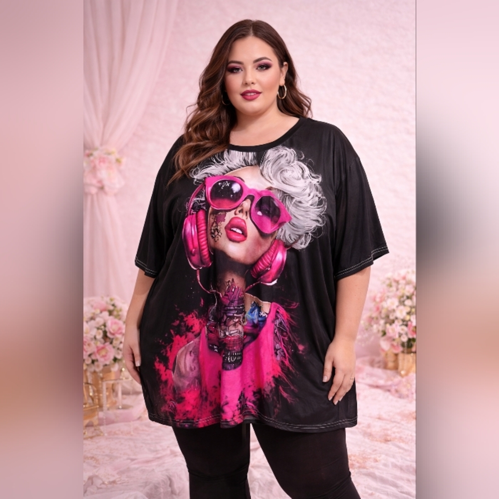 Black Graphic T-Shirt with Pink Accents